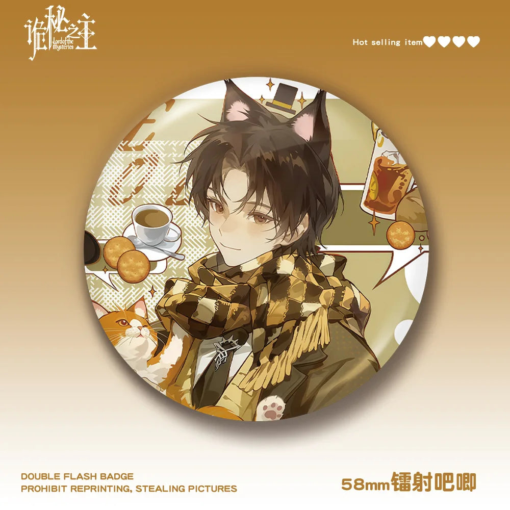 Klein Moretti Button Pin – Cat Café Edition (58mm Glitter Badge)