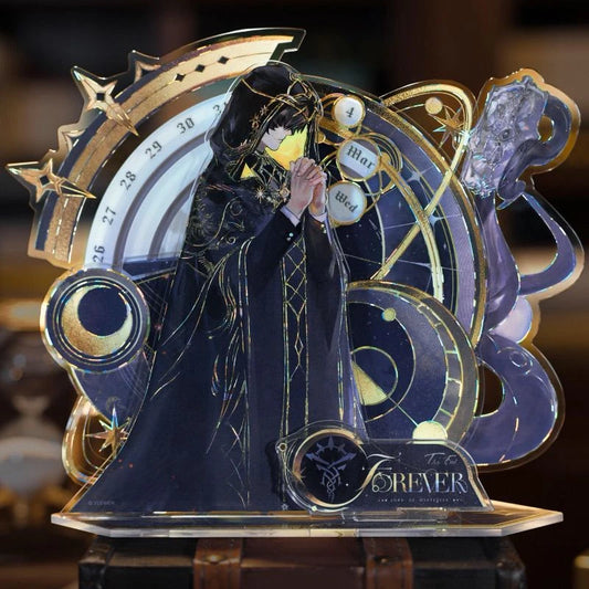 Acrylic stand of a hooded figure in black robes with a calendar dial, crescent moon and tentacles, The Fool Forever base