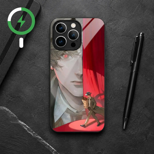 Crimson Curtain MagSafe iPhone case: a red-eyed face beside a red curtain, a small figure below