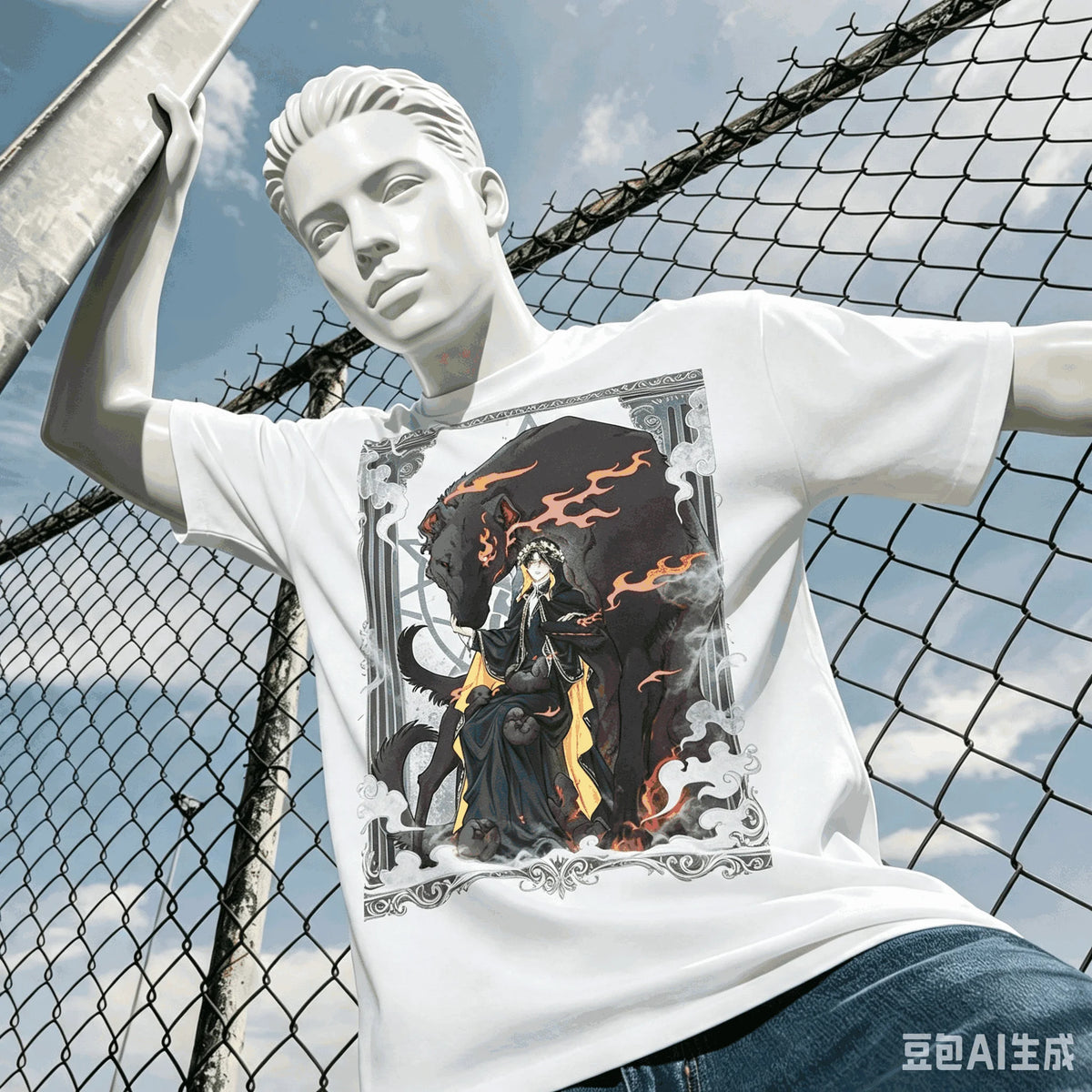 White T-shirt with a hooded Fool figure on a flame-lit throne, shown on a mannequin