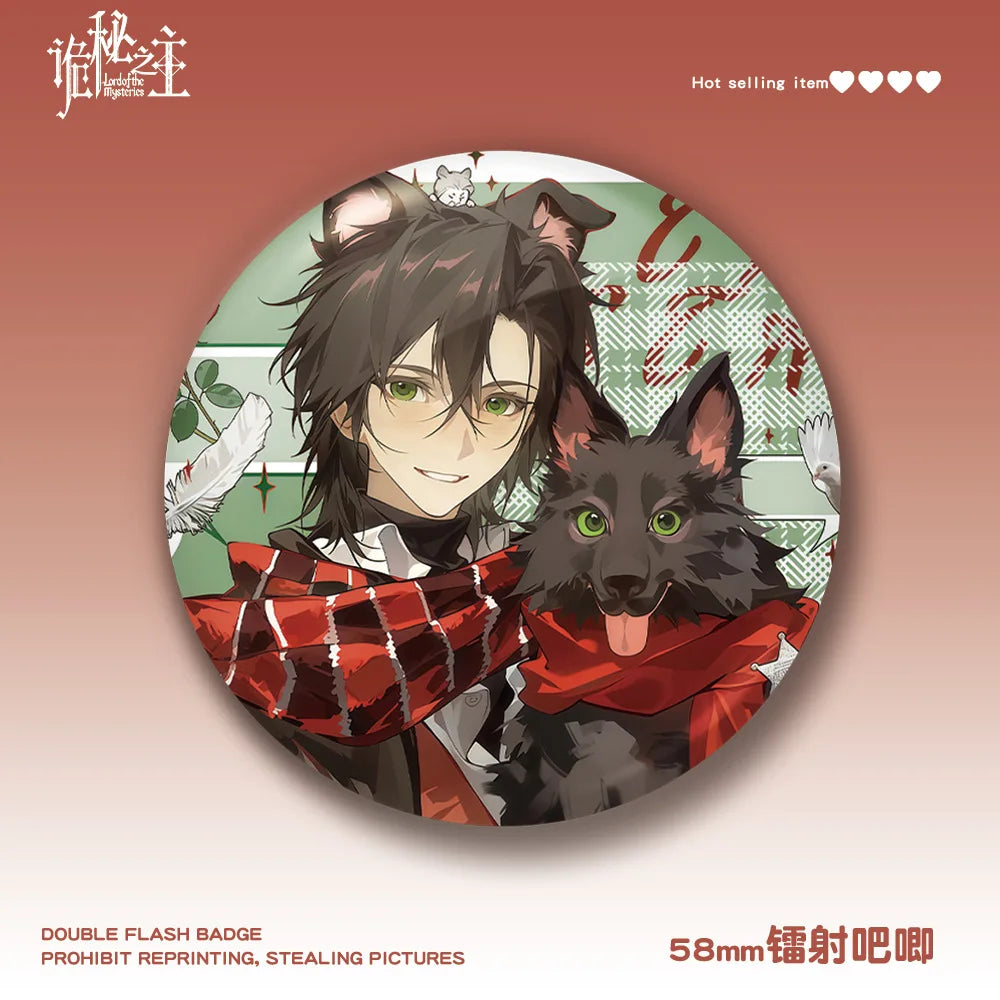 Klein Moretti & Black Dog Button Pin – Red Scarf Edition (58mm Glitter Badge)