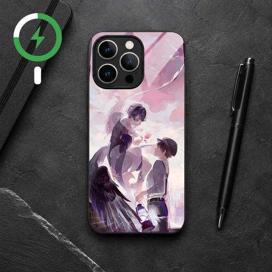 Celestial Encounter MagSafe iPhone case: two figures beneath pink clouds and dark wings